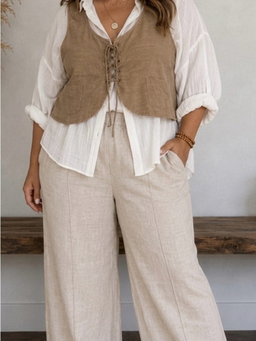 SOHO XL Linen Look Oatmeal Wide Leg Pull On Pants Elastic Waist Coastal Chic